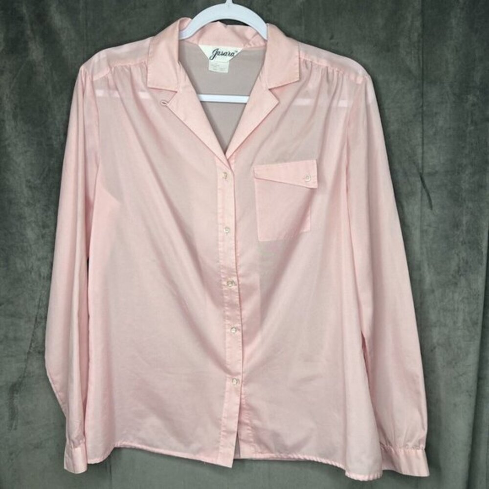 Vintage Jasara Blouse Button Up Long Sleeve Slant Pocket Square Buttons Pink 14